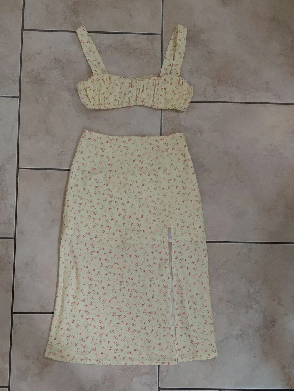 Prince Polly Yellow Floral Midi Skirt with Pink Print and Side Slit